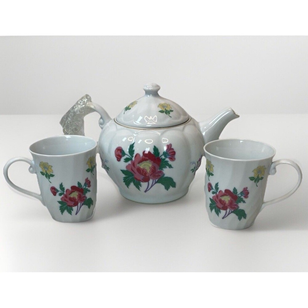 Laura Ashley No 1 Parfums Floral Rose Porcelain Teapot & 2 Mugs NEW - Open Box